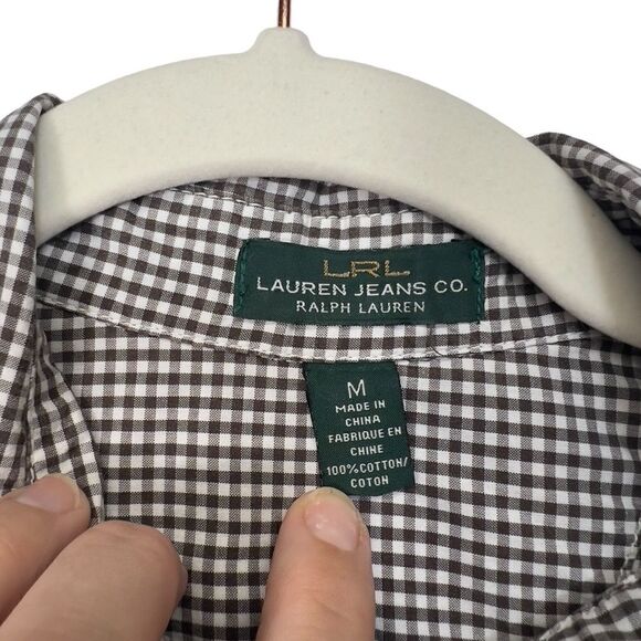 Lauren Ralph Lauren Button Up Top Womens  Size M Plaid Flip Cuff Black green tag - Picture 8 of 16